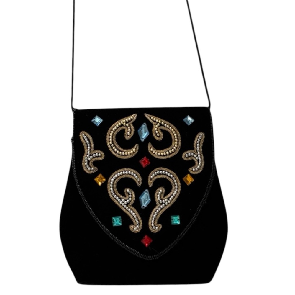 Vintage Black Beaded/Embellished Velvet Clutch Evening‎ Bag w/ Shoulder Strap